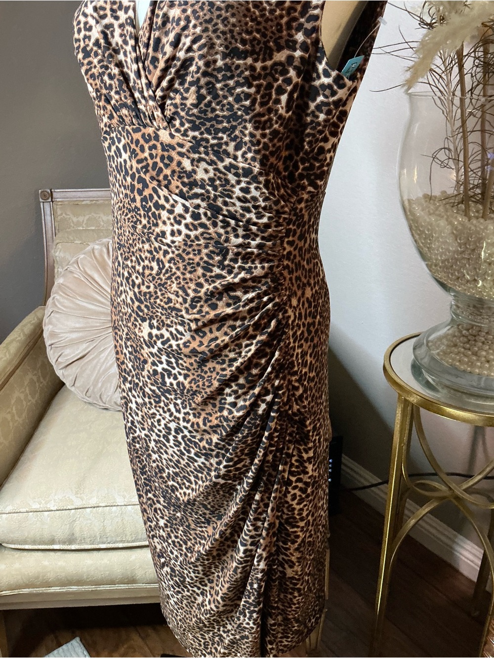 NWT Ralph Lauren Leopard Print Ruched Midi Dress Luxury Mobwife - Picture 6 of 9